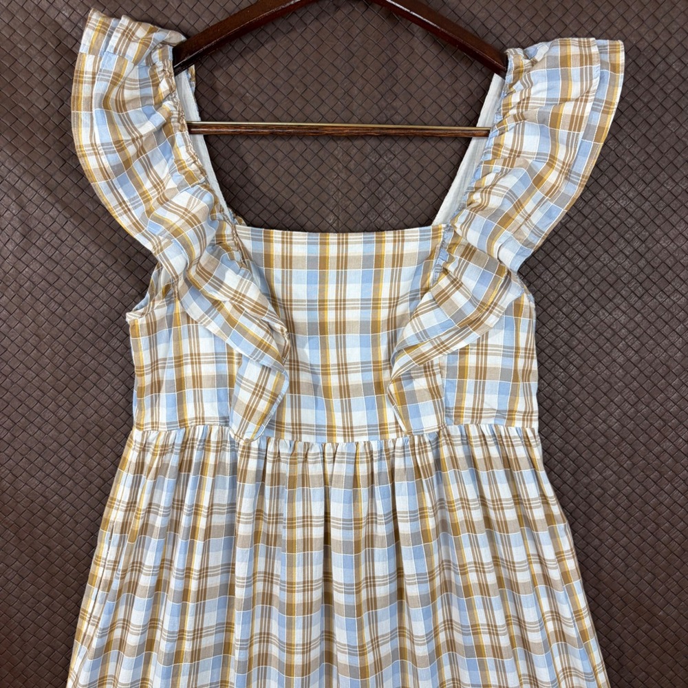 Madewell Plaid Ruffle Strap Smocked Midi Dress Blue Brown NF904 Size 10 - Picture 11 of 14